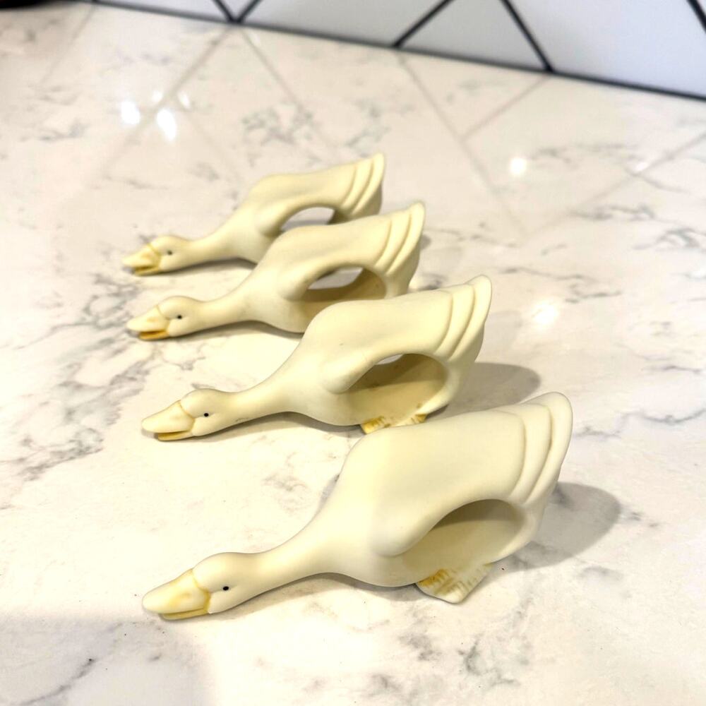 Vintage Dept 56 Bisque Porcelain Goose Duck Napkin Rings Cream x4 cottage farm